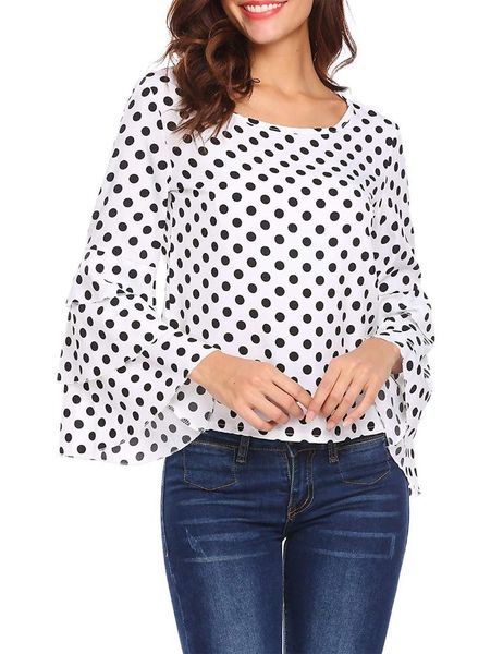 outdoor t-shirts women bell sleeve blouse round neck layered ruffle solid/polka dot casual shirt elegant tee top, Gray;blue 
outdoor t-shirts women bell sleeve blouse round neck layered ruffle solid/polka dot casual shirt elegant tee top, Gray;blue
