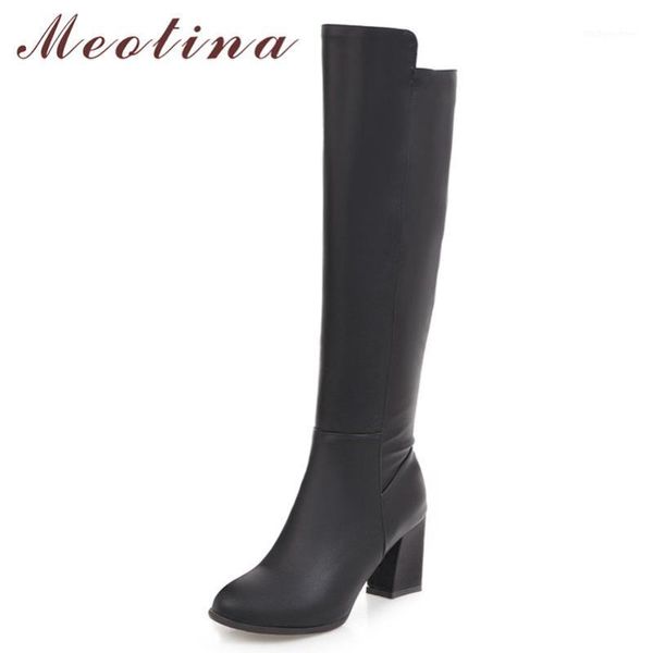 boots meotina winter knee high women pu leather thick heel long slip on round toe shoes lady autumn white size 33-431, Black