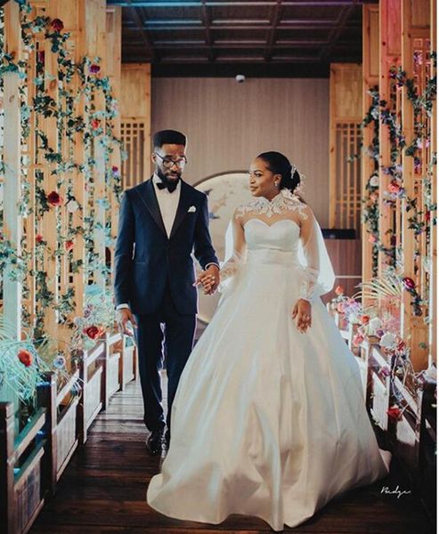 long sleeves wedding dresses high collar applique buttons back aso ebi bride wedding gowns a line robe de marrige, White
long sleeves wedding dresses high collar applique buttons back aso ebi bride wedding gowns a line robe de marrige, White
