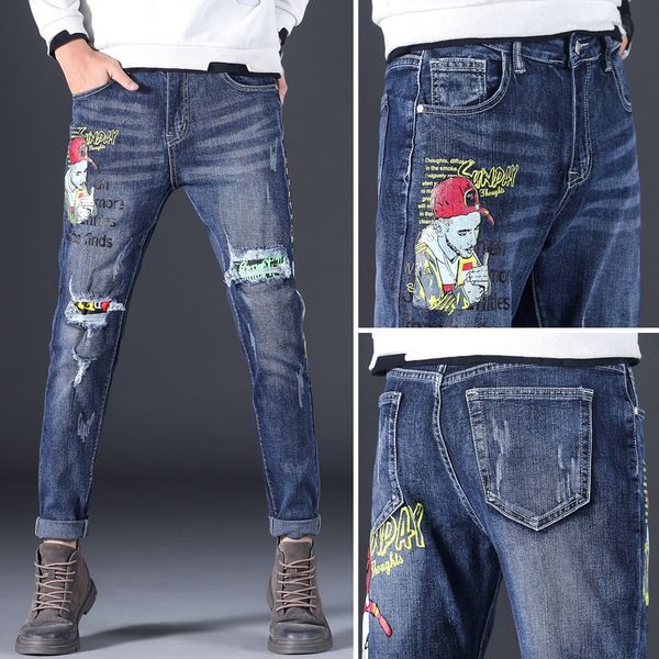 2020 autumn/winter men's ripped jeans printed personality korean style trousers simple atmosphere tight trousers, Blue
2020 autumn/winter men's ripped jeans printed personality korean style trousers simple atmosphere tight trousers, Blue