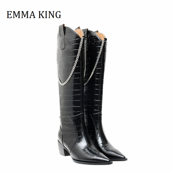 western boots metal chain women knee high cowboy boots pointed toe kitten heels winter long women's cowboy botas mujer, Black
western boots metal chain women knee high cowboy boots pointed toe kitten heels winter long women's cowboy botas mujer, Black