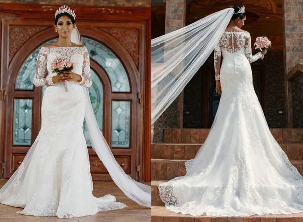 royal lace designer wedding gown dresses mermaid off the shoulder long illusion sleeves applique court train wedding bridal gowns, White
royal lace designer wedding gown dresses mermaid off the shoulder long illusion sleeves applique court train wedding bridal gowns, White