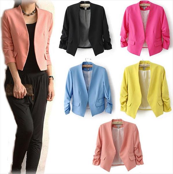 new chic basic solid color fashion women 3 4 sleeve pockets none button woman slim short suit jacket, Black;brown
new chic basic solid color fashion women 3 4 sleeve pockets none button woman slim short suit jacket, Black;brown