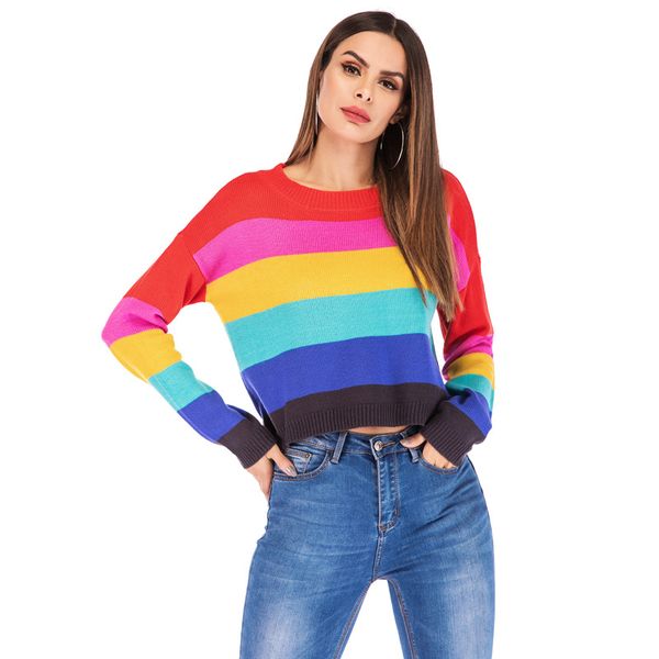 fall / winter 2020 new european and american women's loose sweater women's rainbow stripe long sleeve t-shirt, White;black
fall / winter 2020 new european and american women's loose sweater women's rainbow stripe long sleeve t-shirt, White;black