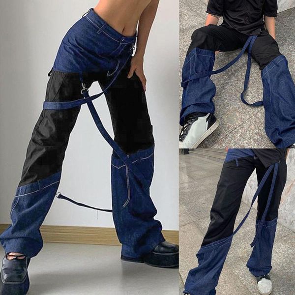 women's high waist jeans fashion long leg trousers color matching ribbon straight trousers loose casual jeans streetwear pants, Blue
women's high waist jeans fashion long leg trousers color matching ribbon straight trousers loose casual jeans streetwear pants, Blue