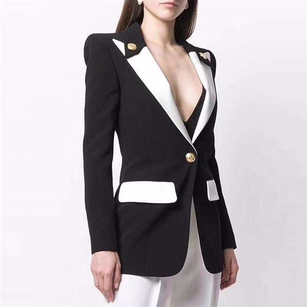 high street baroque designer blazer women's lion buttons single button color block stylish blazer jacket 201114, White;black
high street baroque designer blazer women's lion buttons single button color block stylish blazer jacket 201114, White;black