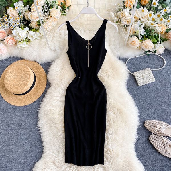 women summer solid color zipper v-neck backless high waist slim knit dress, Gray
women summer solid color zipper v-neck backless high waist slim knit dress, Gray