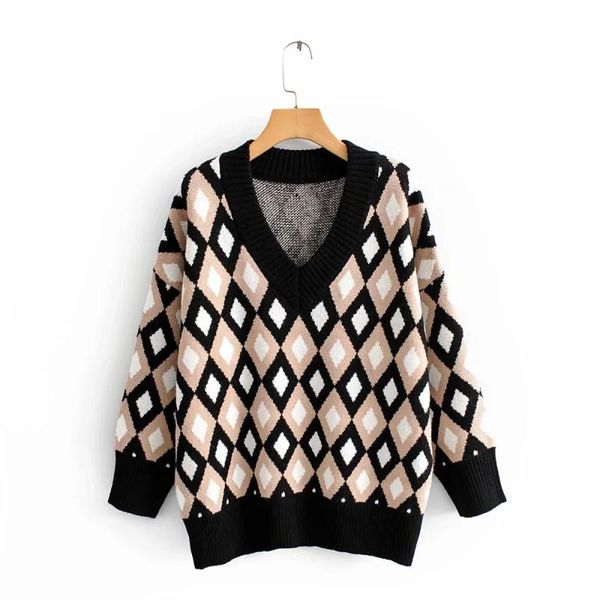 women's sweaters vintage chic contrast colors argyle pattern women fashion v-neck pullovers girls knitwear, White;black
women's sweaters vintage chic contrast colors argyle pattern women fashion v-neck pullovers girls knitwear, White;black