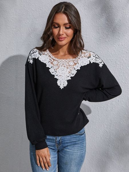 solid lace yoke drop shoulder sweatshirt b7sg#, White;black