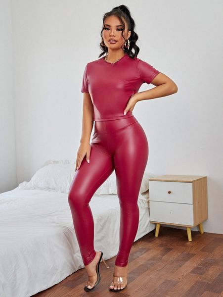 sxy solid pu leather & leggings set 84cr#, White