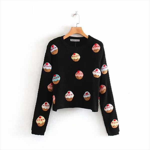 za 2019 women fashion vintage sweet cake appliques short style knitted sweater o neck long sleeve stylish pullovers chic, White;black
za 2019 women fashion vintage sweet cake appliques short style knitted sweater o neck long sleeve stylish pullovers chic, White;black