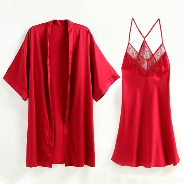 women lace robe set 2pcs sleepwear satin twinset robe set casual bridal wedding gift female loose kimono bathrobe gown1, Black;red
women lace robe set 2pcs sleepwear satin twinset robe set casual bridal wedding gift female loose kimono bathrobe gown1, Black;red