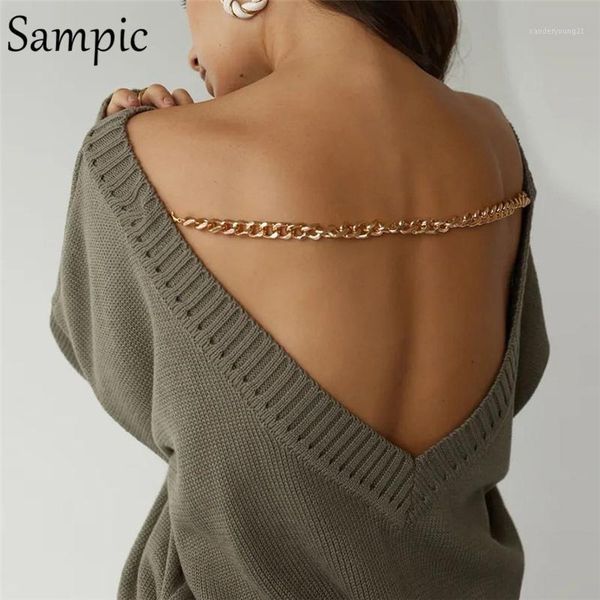 women's sweaters sampic 2021 y2k winter backless chain o neck knitted woman black white pullover long sleeve sweater jumpers1, White;black 
women's sweaters sampic 2021 y2k winter backless chain o neck knitted woman black white pullover long sleeve sweater jumpers1, White;black