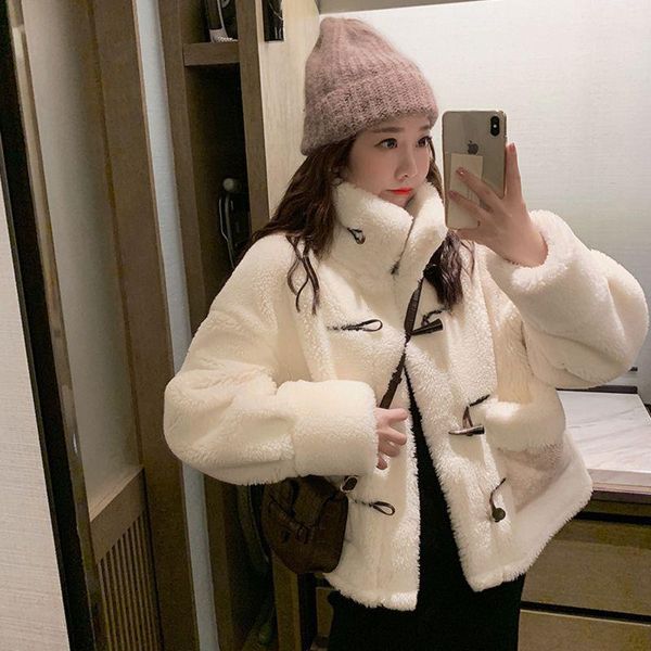 women's fur & faux women winter lamb cashmere jacket outerwear vintage warm standing collar loose horn buckle thickening coat overcoat, Black
women's fur & faux women winter lamb cashmere jacket outerwear vintage warm standing collar loose horn buckle thickening coat overcoat, Black