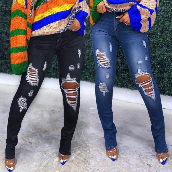 2021 new solid color pockets holes excoriation high-waisted slimming pencil ripped jeans women's fashion casual nine-cent pants, Blue
2021 new solid color pockets holes excoriation high-waisted slimming pencil ripped jeans women's fashion casual nine-cent pants, Blue