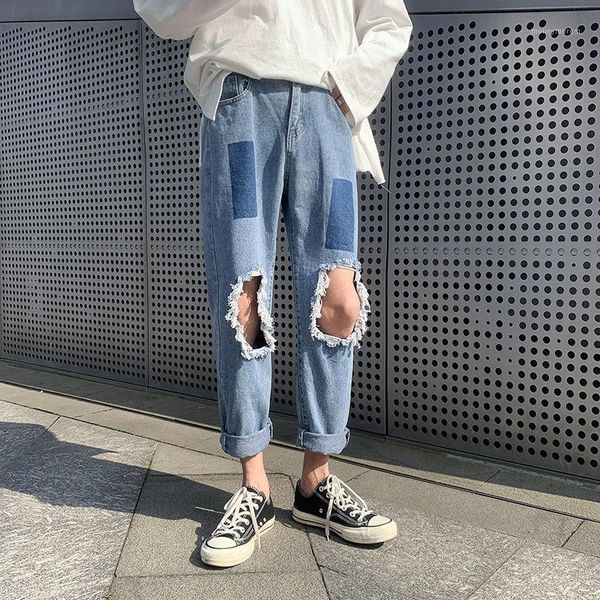 men's jeans summer ripped straight men's fashion retro casual hole men streetwear wild loose hip hop denim pants mens -2xl1, Blue