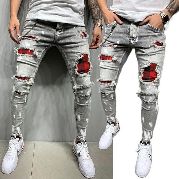 new men's slim-fit ripped pants hip hop men painted jeans patch beggar pants moto streetwear punk clothes oversized jeans1, Blue
