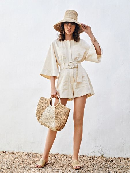 bell sleeve patch pocket buckle belted romper 94tl#, White