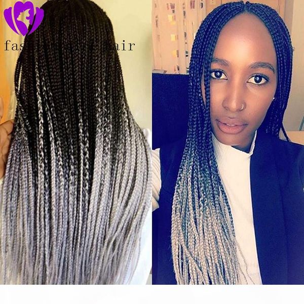 

13x4 braided wigs synthetic lace front wig ombre grey color braided box braids wig with baby hair wigs for black women, Black;brown