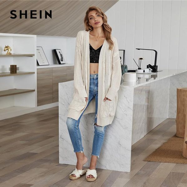 shein beige solid cable knit dual pocket cardigan women autumn drop shoulder long sleeve casual outerwear long cardigans, White
shein beige solid cable knit dual pocket cardigan women autumn drop shoulder long sleeve casual outerwear long cardigans, White