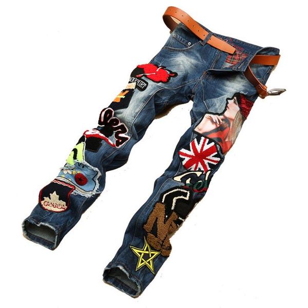 mcikkny fashion men's hip hop embroidery jeans badge embroidered denim trousers flag patchwork jeans pants for male, Blue
mcikkny fashion men's hip hop embroidery jeans badge embroidered denim trousers flag patchwork jeans pants for male, Blue
