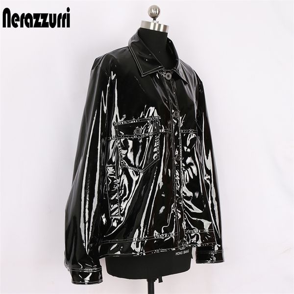 nerazzurri black loose patent leather jacket with many pockets long sleeve buttons plus size faux leather jackets women 5xl 6xl 201226
nerazzurri black loose patent leather jacket with many pockets long sleeve buttons plus size faux leather jackets women 5xl 6xl 201226