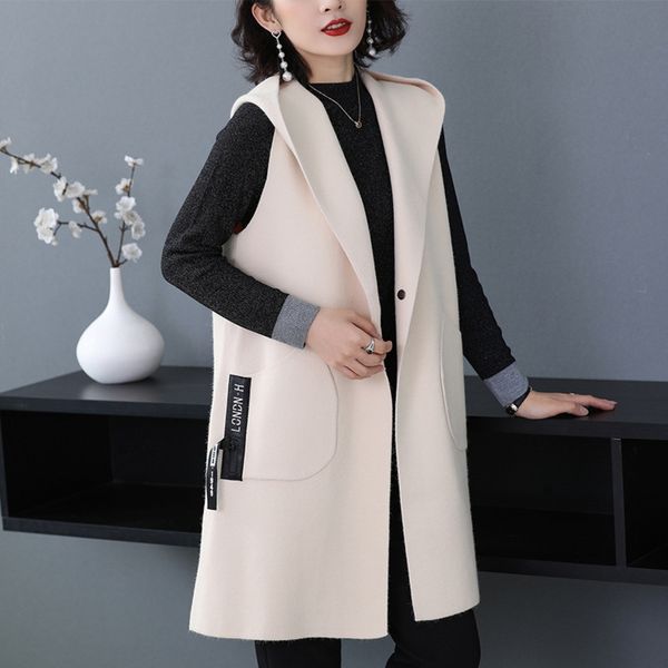 women's autumn and winter knitted mid long coat vest vest korean thick sleeveless hooded sweater coat qiybp, White;black 
women's autumn and winter knitted mid long coat vest vest korean thick sleeveless hooded sweater coat qiybp, White;black