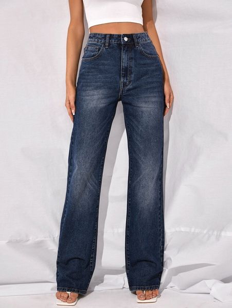 high waist straight leg jeans o6f7#, Blue