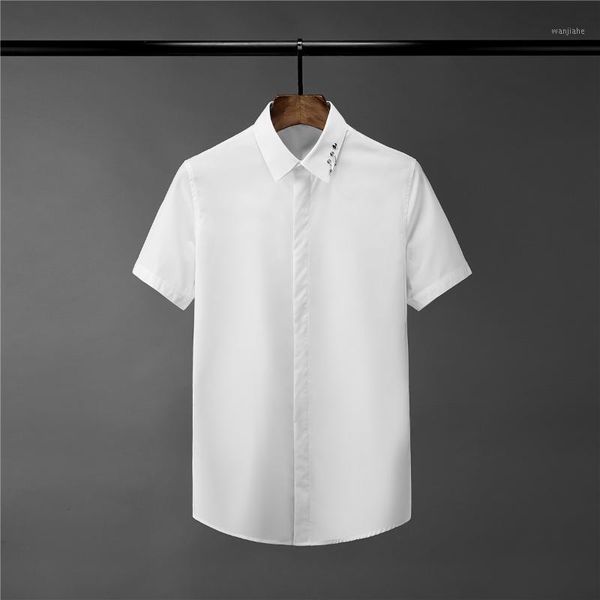 new solid color mens shirts luxury metal decoration short sleeve mens dress shirts fashion slim fit male plus size 4xl1, White;black
new solid color mens shirts luxury metal decoration short sleeve mens dress shirts fashion slim fit male plus size 4xl1, White;black