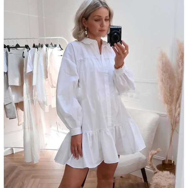 women ruffles lantern sleeve white shirt dresses autumn long sleeve casual turn down collar button loose office lady mini dress, Black;gray
women ruffles lantern sleeve white shirt dresses autumn long sleeve casual turn down collar button loose office lady mini dress, Black;gray