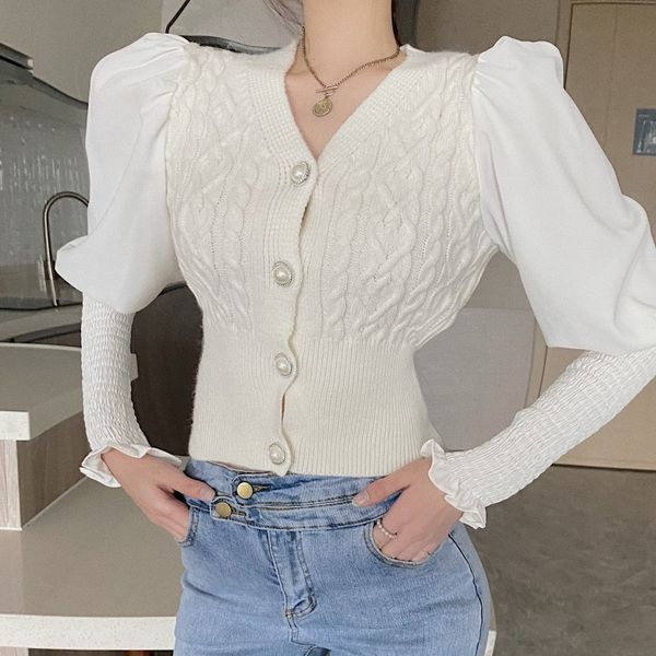 2021 spring autumn new women korean sweet puff long sleeve v-neck slim soft short knitted cardigan sweater h1211, White;black
2021 spring autumn new women korean sweet puff long sleeve v-neck slim soft short knitted cardigan sweater h1211, White;black