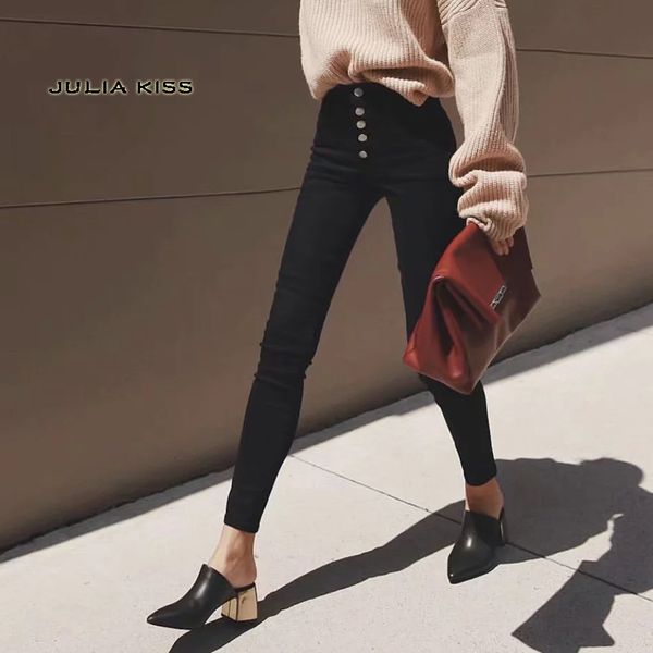 women buttons skinny jeans in black