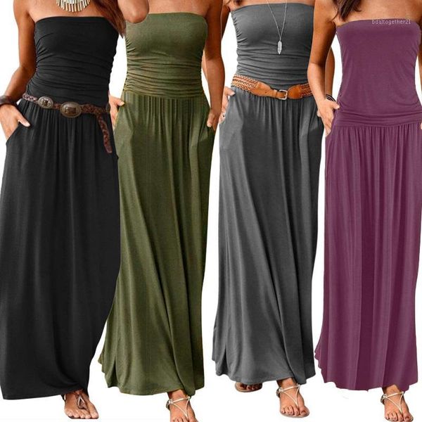 casual dresses women's bandeau sleeveless strapless loose long dress1, Black;gray