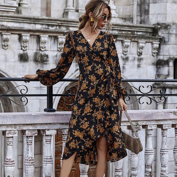 autumn winter vintage ruffle trim floral print wrap long dresses women v-neck long sleeve elegant ladies dress, Black;gray
autumn winter vintage ruffle trim floral print wrap long dresses women v-neck long sleeve elegant ladies dress, Black;gray