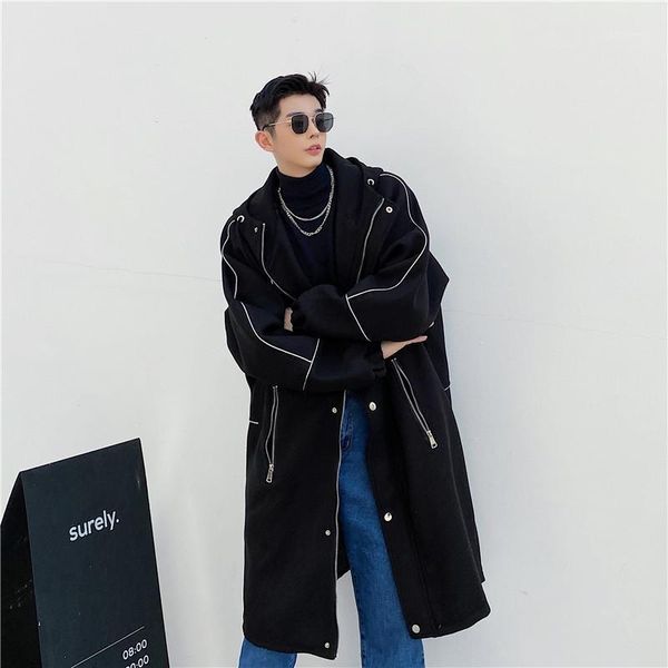 male streetwear hip hop vintage woolen jacket overcoat men reflective strip wool thick loose hooded long trench coat outerwear1, Black
male streetwear hip hop vintage woolen jacket overcoat men reflective strip wool thick loose hooded long trench coat outerwear1, Black