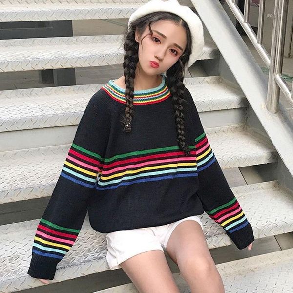 rainbow colour stripe stitching long sleeve sweater female korean new retro sleeve knitted women sweater student outerwear trend1, White;black
rainbow colour stripe stitching long sleeve sweater female korean new retro sleeve knitted women sweater student outerwear trend1, White;black