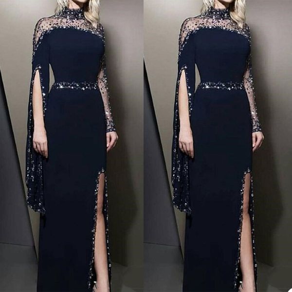 high neck navy mermaid prom dresses beads sequins appliqued long sleeves evening dresses ruched satin custom made formal pageant gown, Black;red
high neck navy mermaid prom dresses beads sequins appliqued long sleeves evening dresses ruched satin custom made formal pageant gown, Black;red