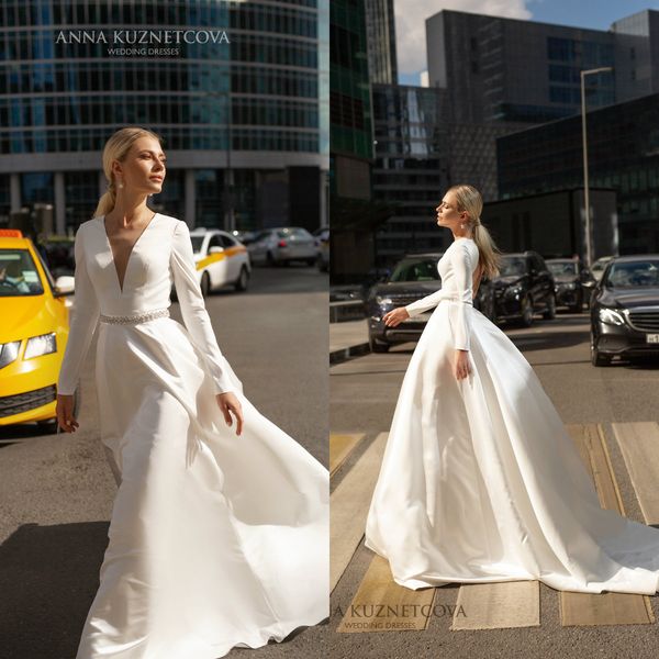 anna kuznetcova 2021 satin wedding dresses with beaded sash v neck long sleeve reception gowns sweep train bridal gowns, White
anna kuznetcova 2021 satin wedding dresses with beaded sash v neck long sleeve reception gowns sweep train bridal gowns, White