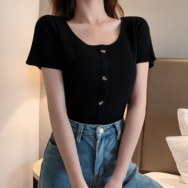 women's 2020 summer new short sleeve buttons slim fit knitted t shirt korean solid color female, White
women's 2020 summer new short sleeve buttons slim fit knitted t shirt korean solid color female, White