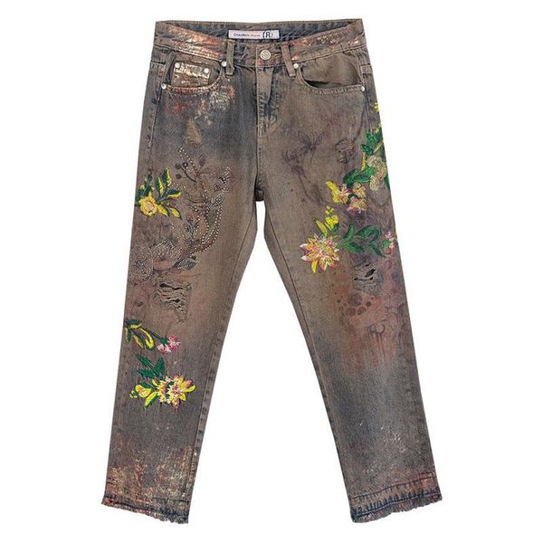 summer fall designer women colored embroidery high waist ripped rivets denim trousers , painted jeans straight pants for woman, Blue
summer fall designer women colored embroidery high waist ripped rivets denim trousers , painted jeans straight pants for woman, Blue