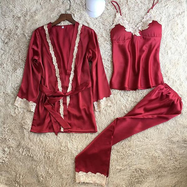 lace 3 pcs women pajama set with removeable pad nightdress+cardigan+ long pant set female pijama1, Black;red
lace 3 pcs women pajama set with removeable pad nightdress+cardigan+ long pant set female pijama1, Black;red