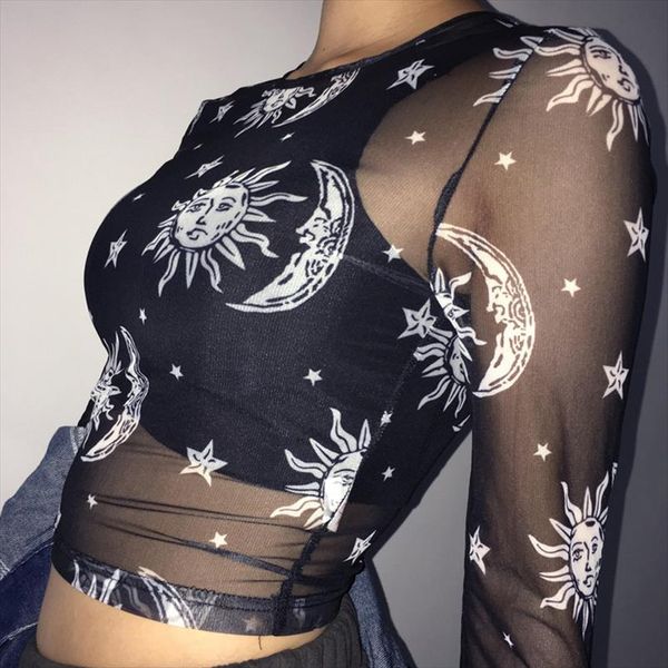 t shirts women see through crop tee long sleeve o neck slim waist sun printed female fashion streetwear clothing tee, White
t shirts women see through crop tee long sleeve o neck slim waist sun printed female fashion streetwear clothing tee, White