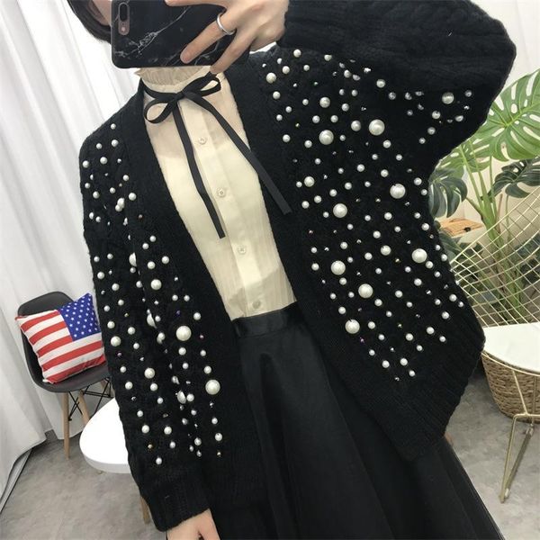handmade beaded jacket v-neck knitted cardigan pearls sweater coat crochet beading open stitch 2018 1, White;black 
handmade beaded jacket v-neck knitted cardigan pearls sweater coat crochet beading open stitch 2018 1, White;black