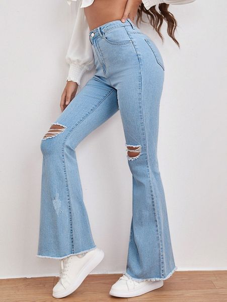 high waist ripped frayed raw hem flare leg jeans r5jc#, Blue