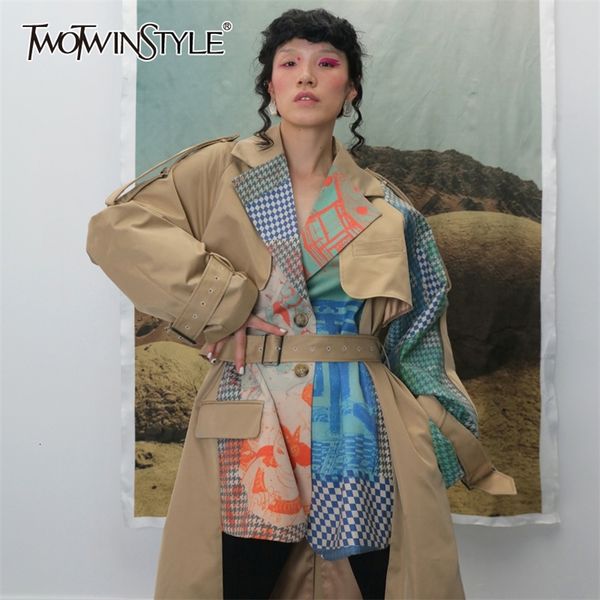 twotwinstyle women hit color two false piece print trench lapel long sleeve loose fit windbreaker fashion autumn winter 2020 new lj201128, Tan;black 
twotwinstyle women hit color two false piece print trench lapel long sleeve loose fit windbreaker fashion autumn winter 2020 new lj201128, Tan;black