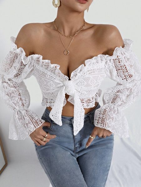 ruffle trim bell sleeve tie front lace crop u9vf#, White
