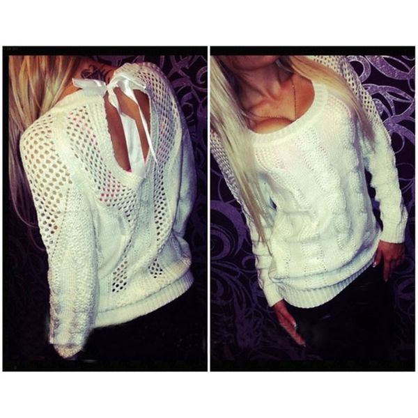 new fashion hollow out pullover backless lace up sweater women knitted pull femme white purple y200910, White;black
new fashion hollow out pullover backless lace up sweater women knitted pull femme white purple y200910, White;black