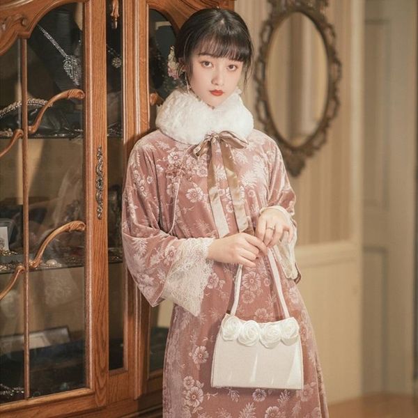 palace floating flower retro velvet cheongsam dress, Black;pink