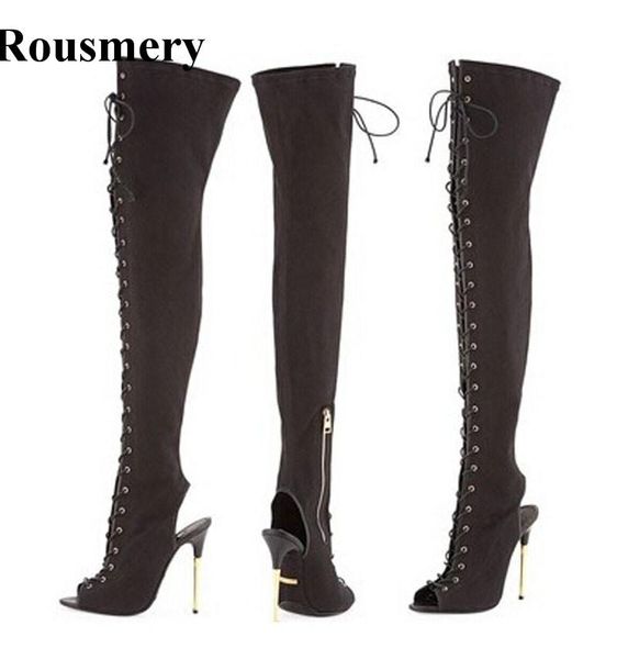 women fashion open toe lace-up black suede leather over knee gladiator boots stiletto heel cut-out high heel boots
women fashion open toe lace-up black suede leather over knee gladiator boots stiletto heel cut-out high heel boots
