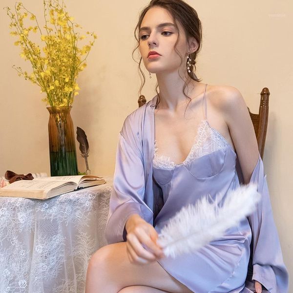 night dress sling white lace double layer stitching cup silk lounge set long sleeve robe home two-piece female clothes1, Black;red
night dress sling white lace double layer stitching cup silk lounge set long sleeve robe home two-piece female clothes1, Black;red